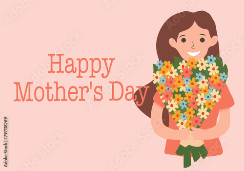Happy mother's day banner, lettering isolated on pink background. Happy woman holding a flower arrangement in her hands.  © KotBaton