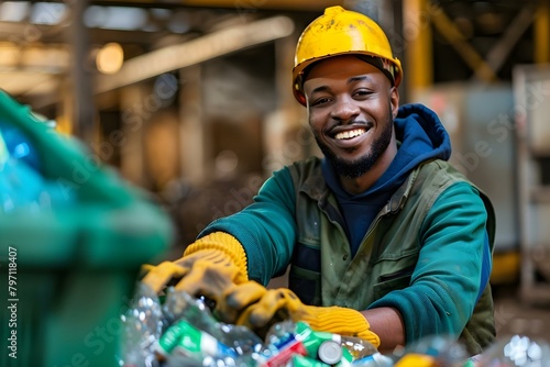 Happy employee sorting recyclables at recycling plant. Concept Sustainable Practices, Recycling at Work, Employee Engagement, Environmental Awareness, Waste Management photo