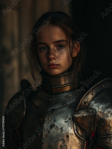 Young female knight in medieval armor looking determined