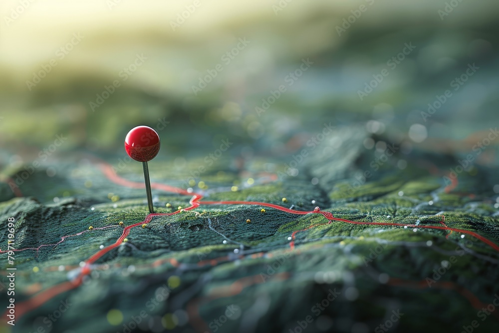 Red pin on a detailed topographic map highlighting a specific location Red pin on a detailed topographic map highlighting a specific location