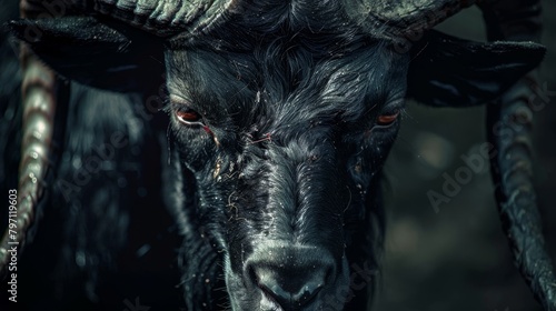 Intense close-up of a black goat with striking eyes
