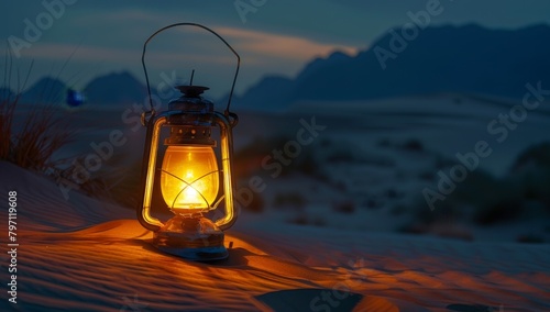 Illuminated lantern on desert sand at twilight