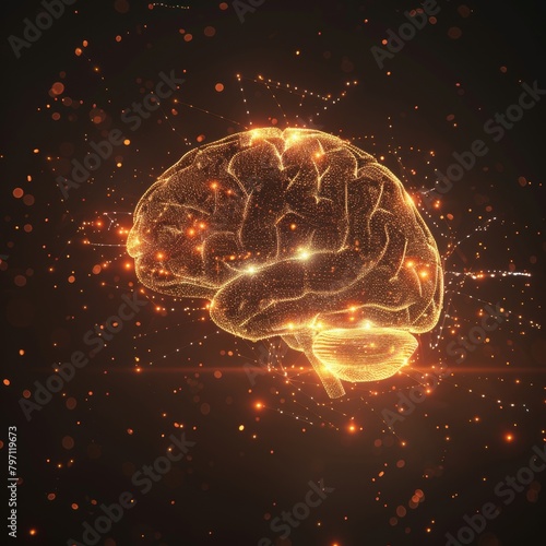Glowing digital brain in abstract space