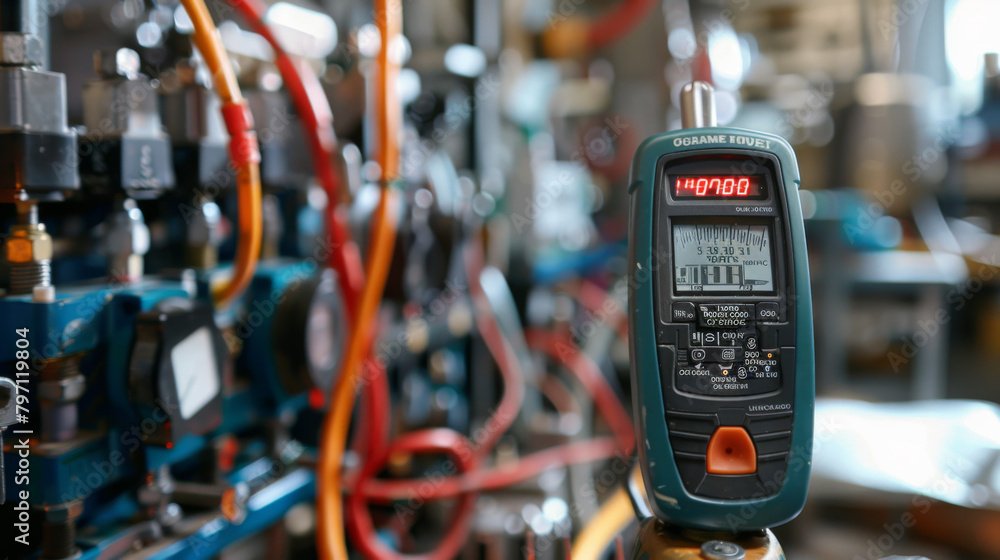 A close-up of a digital multimeter displaying readings amidst a complex array of industrial machinery.