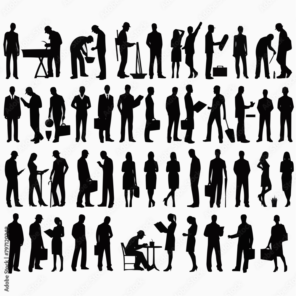 Vector silhouettes of men and a women, a group of standing business people, black color isolated on white background Vector silhouettes of men and a women, a group of standing business people, black color isolated on white background