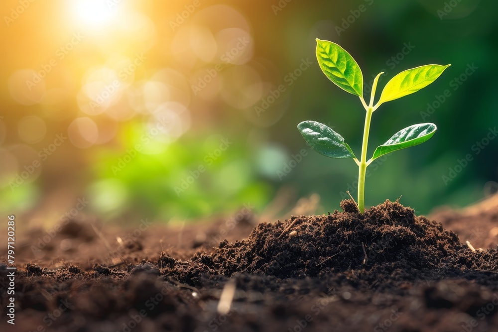 Fototapeta premium Young plant sprouting from soil with sunlight