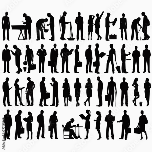 Vector silhouettes of men and a women, a group of standing business people, black color isolated on white background