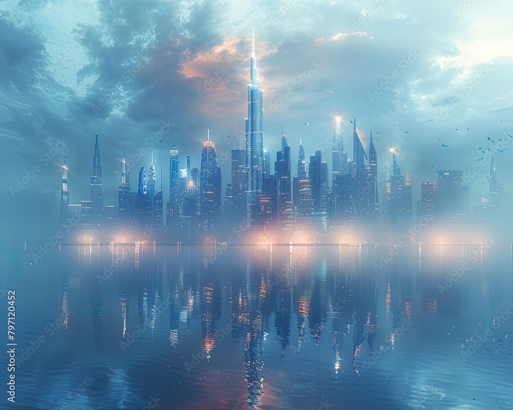 Futuristic city skyline reflected in water