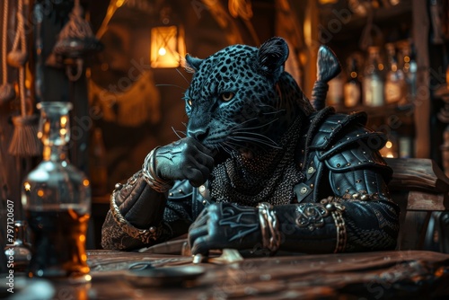 Anthropomorphic leopard warrior contemplating in a moody tavern setting
