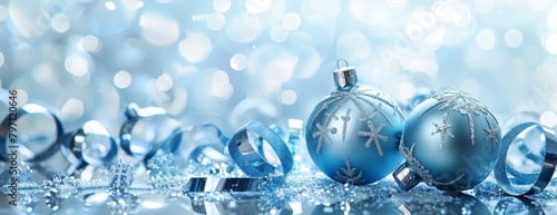 Elegant Blue Christmas Ornaments with Sparkling Background