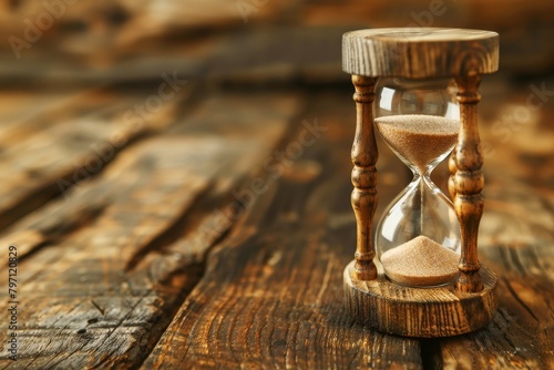 Vintage hourglass on rustic wooden table