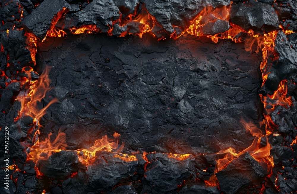Fiery lava flowing through cracked volcanic rocks Fiery lava flowing through cracked volcanic rocks