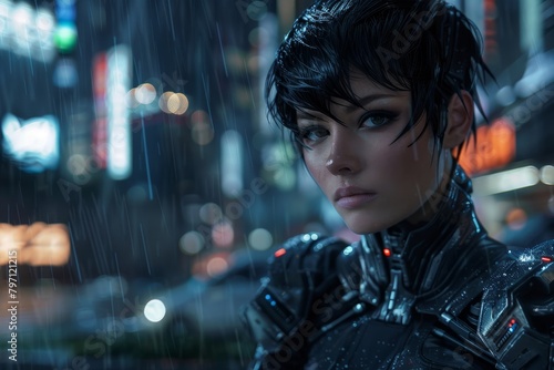 Futuristic female warrior in a rainy urban setting photo