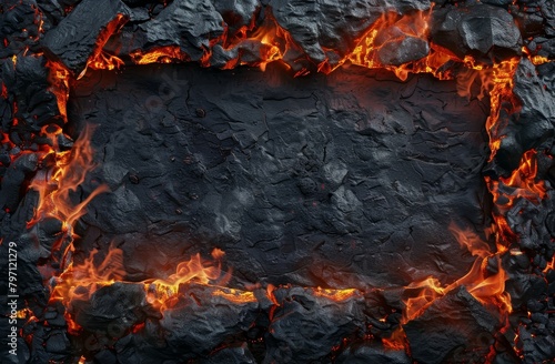 Fiery lava flowing through cracked volcanic rocks