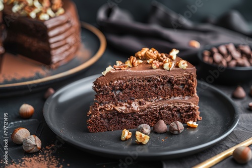 Decadent chocolate cake slice with hazelnut topping on a dark plate