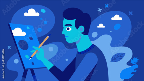 Deep in concentration a man gently blends different shades of blue on his canvas channeling his emotions and thoughts through the soothing act of.