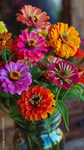 multicolored zinnias bloom brightly in a glass vase indoors