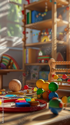 Craft a captivating scene featuring educational toys and manipulatives in a low-angle composition Play with shadows and highlights to enhance depth and realism Incorporate a variet