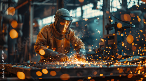 A skilled worker in protective gear intensively welding metal, with bright sparks flying in an industrial environment. photo