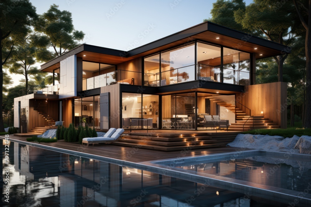 Fototapeta premium A picturesque country house with spacious windows, a swimming pool and wooden design, ideal for a cozy family holiday in a calm village setting.