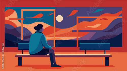 A lone visitor sits on a bench near a series of abstract paintings deep in thought as she contemplates the endless possibilities of what the artist. Vector illustration