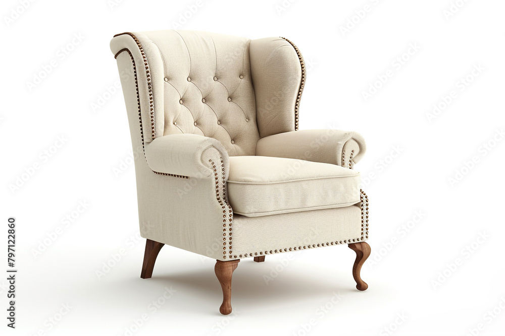 Classic wingback accent chair with nailhead trim and wooden legs isolated on solid white background.