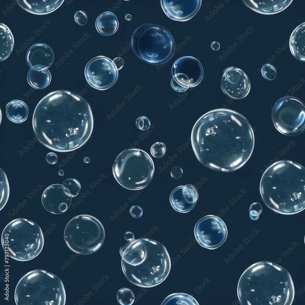 Transparent bubbles floating on a dark blue background