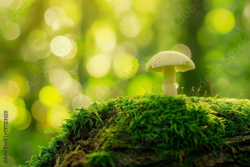 Mushroom on a Mossy Log in a Sunlit Forest