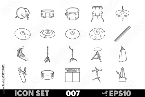 Vector linear illustration of all 20 drum kit components and accessories. Black and white line art style showing various musical instruments and tools together. photo