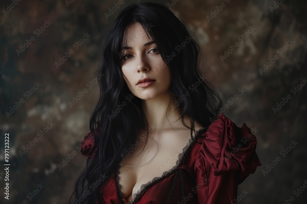 Fototapeta premium Elegant woman in a red dress posing in a vintage setting