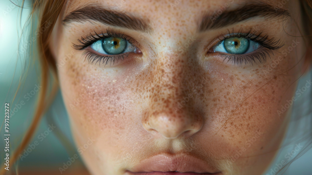 Fototapeta premium Intense close-up of a young woman with striking blue eyes and beautiful freckles, capturing a natural beauty.
