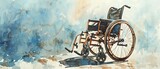 Illustrate a traditional watercolor painting of a wheelchair from the front