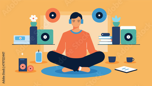 A person sitting crosslegged on the floor surrounded by tered records and lost in the melodies flowing from the speakers..