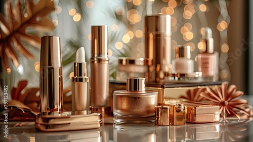 Cosmetic branding, toiletries and girly glamour concept - Luxury make-up products set on holiday vanity table, golden make-up and skin care cosmetics for luxury beauty brand design photo