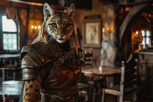 Fantasy warrior in feline humanoid form dressed in medieval armor inside a tavern