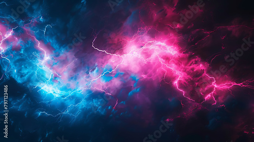 an abstract design featuring vibrant pink and blue lightning bolts set against a dark background