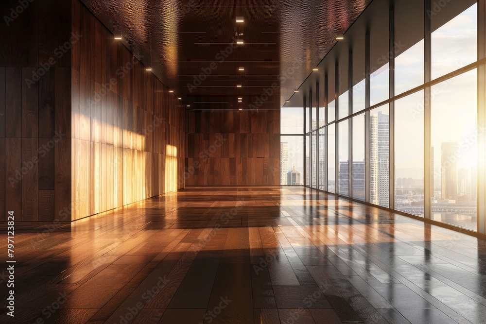 Modern office corridor with panoramic cityscape view at sunset
