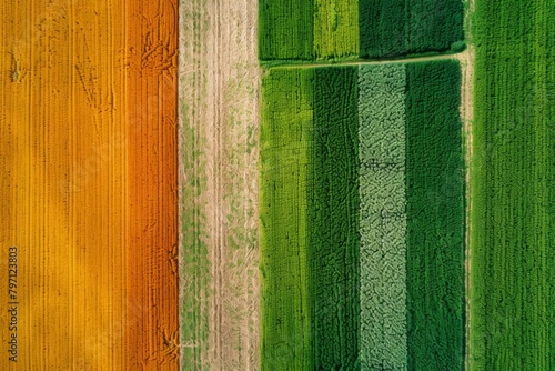 an aerial view of a row of colorful fields