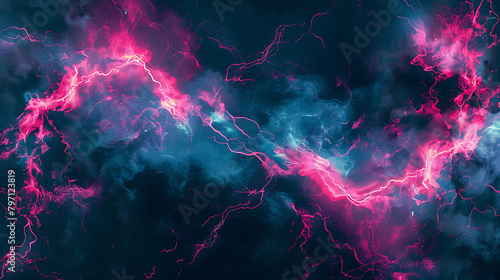 an abstract design featuring vibrant pink and blue lightning bolts set against a dark background