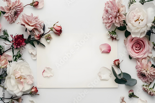 Stylish elegant flat lay feminine floristic greeting invitation post card, copy space mockup.