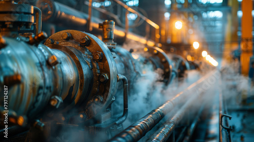 Close-up of aged industrial pipes emitting steam, with a warm, moody steampunk ambiance in a factory setting.