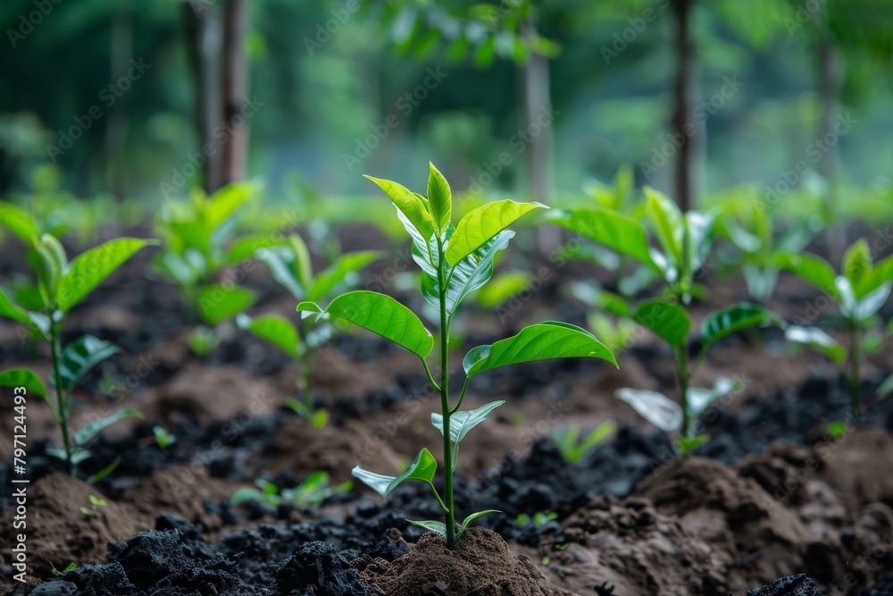 Young plants growing in fertile soil with a blurred forest background Young plants growing in fertile soil with a blurred forest background