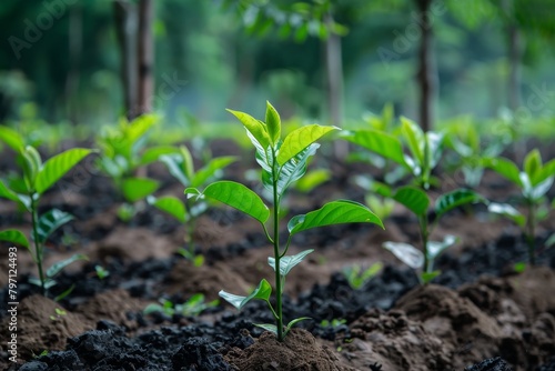 Young plants growing in fertile soil with a blurred forest background