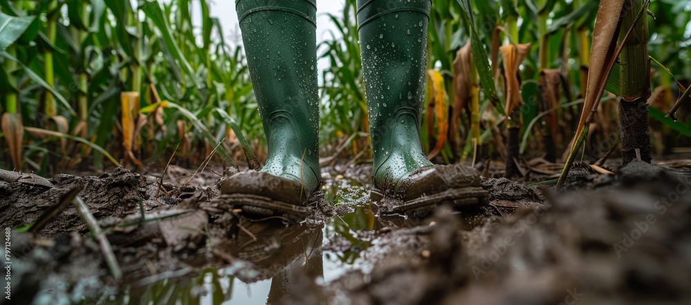 Obraz premium Farmer wearing green rubber boots standing in a muddy cornfield