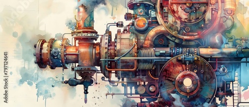 Illustrate the inner workings of a suction machine with a mix of vibrant watercolors, showcasing the complex machinery in a whimsical yet technically accurate style
