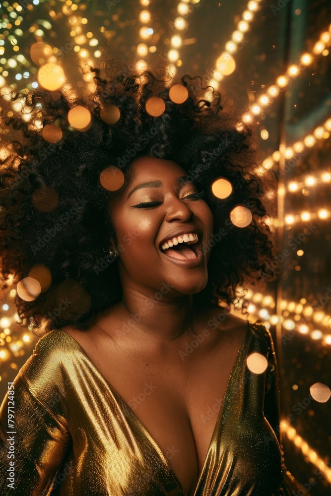 Joyful woman laughing with festive lights in the background