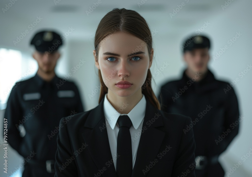 Confident female leader with security team in background Confident female leader with security team in background