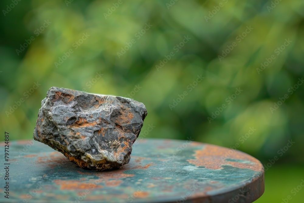 Close-up of a unique rock on a rusty surface with a blurred green background Close-up of a unique rock on a rusty surface with a blurred green background