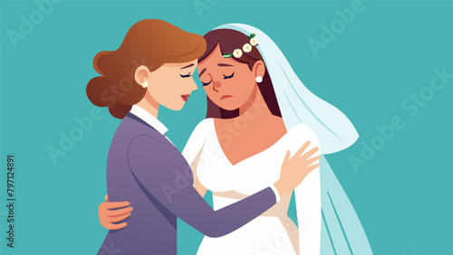 The bride and her mother share a tearful embrace both overcome with emotions as they prepare to walk down the aisle together.. Vector illustration