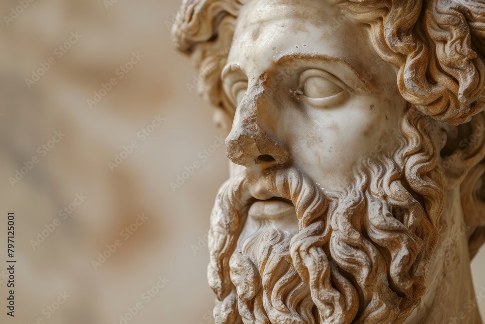Close-up of an ancient Greek statue's detailed facial features